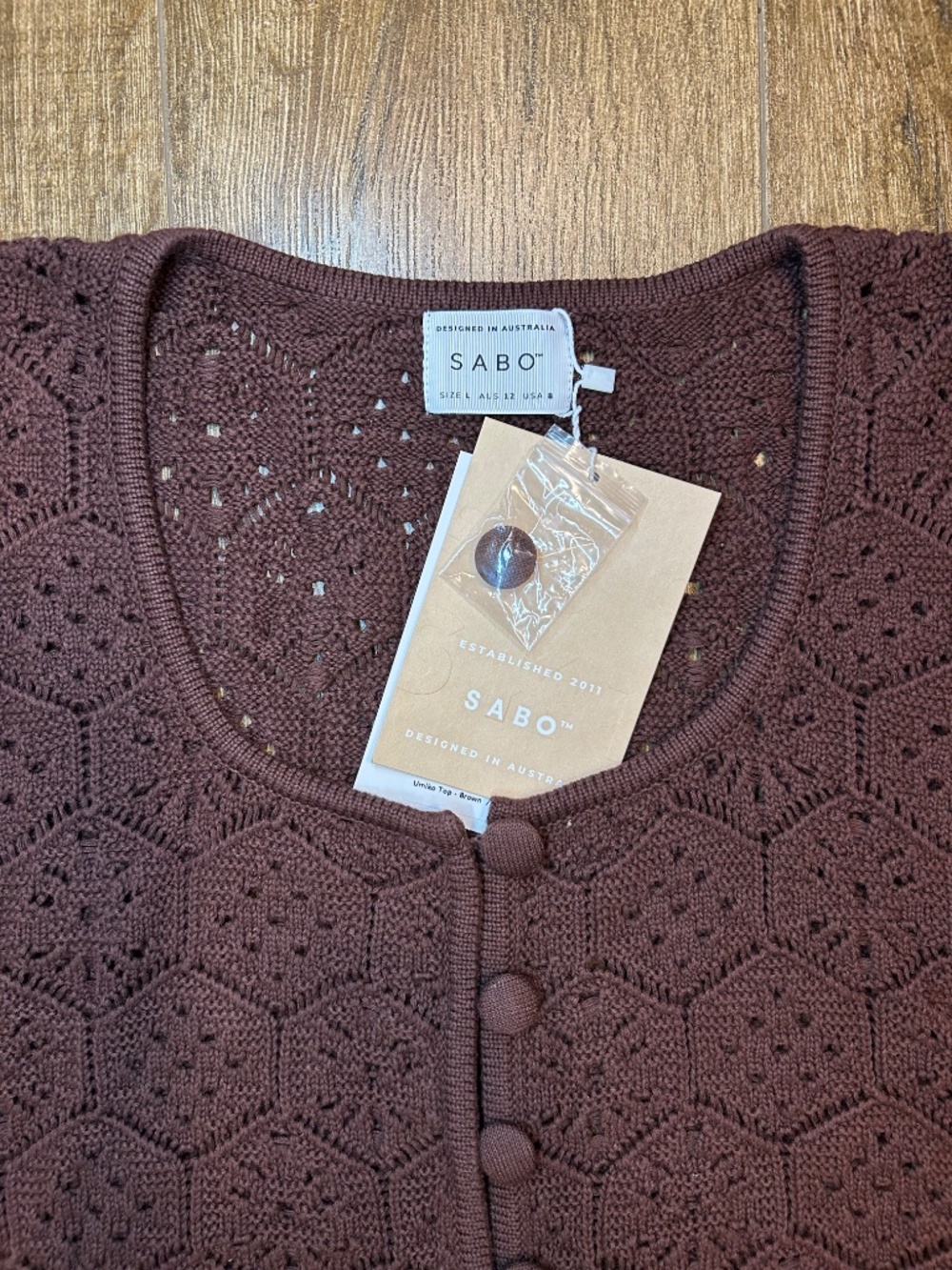 SABO Crochet knit Button Brown Umiko Top L-XL Cotton - Picture 4 of 12